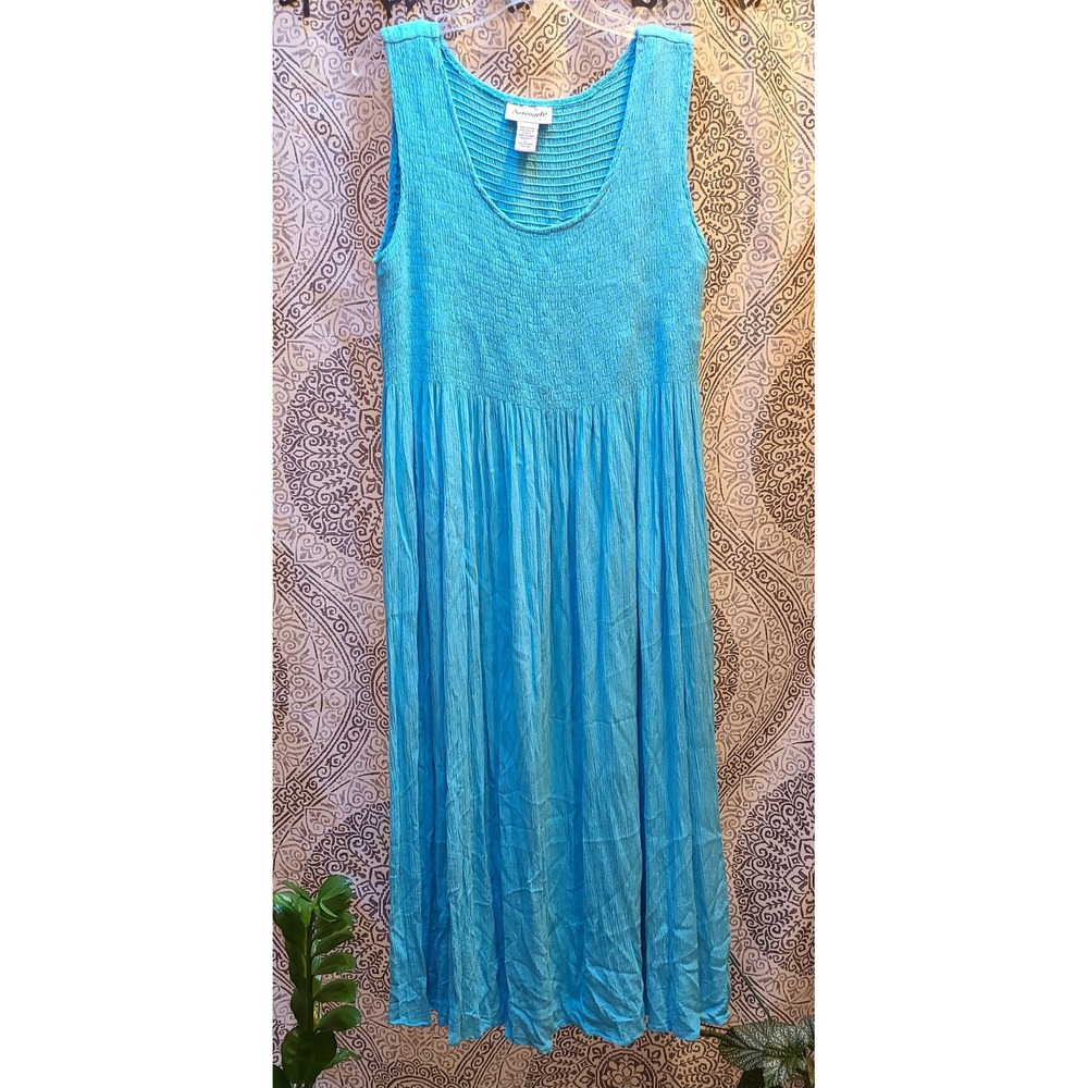 Serengeti Maxi Dress Women Large Blue Smocked Bodice Crinkle Rayon Sleeveless